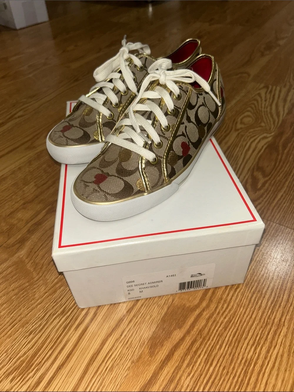 Coach Khaki Signature Canvas Sneakers with Gold Trim and Red Interior